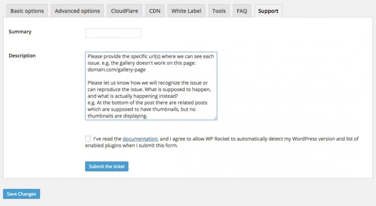 WP Rocket 2.6 - Support Ticket Creation