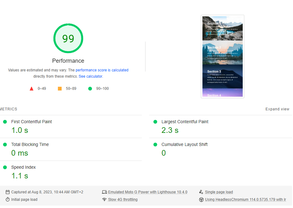 Rapport de performance avant l'activation du lazy loading sur les images de backgrounds CSS 
