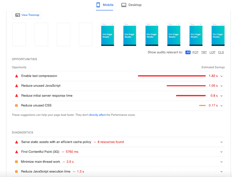 Audit section for my Divi site - Source: PSI