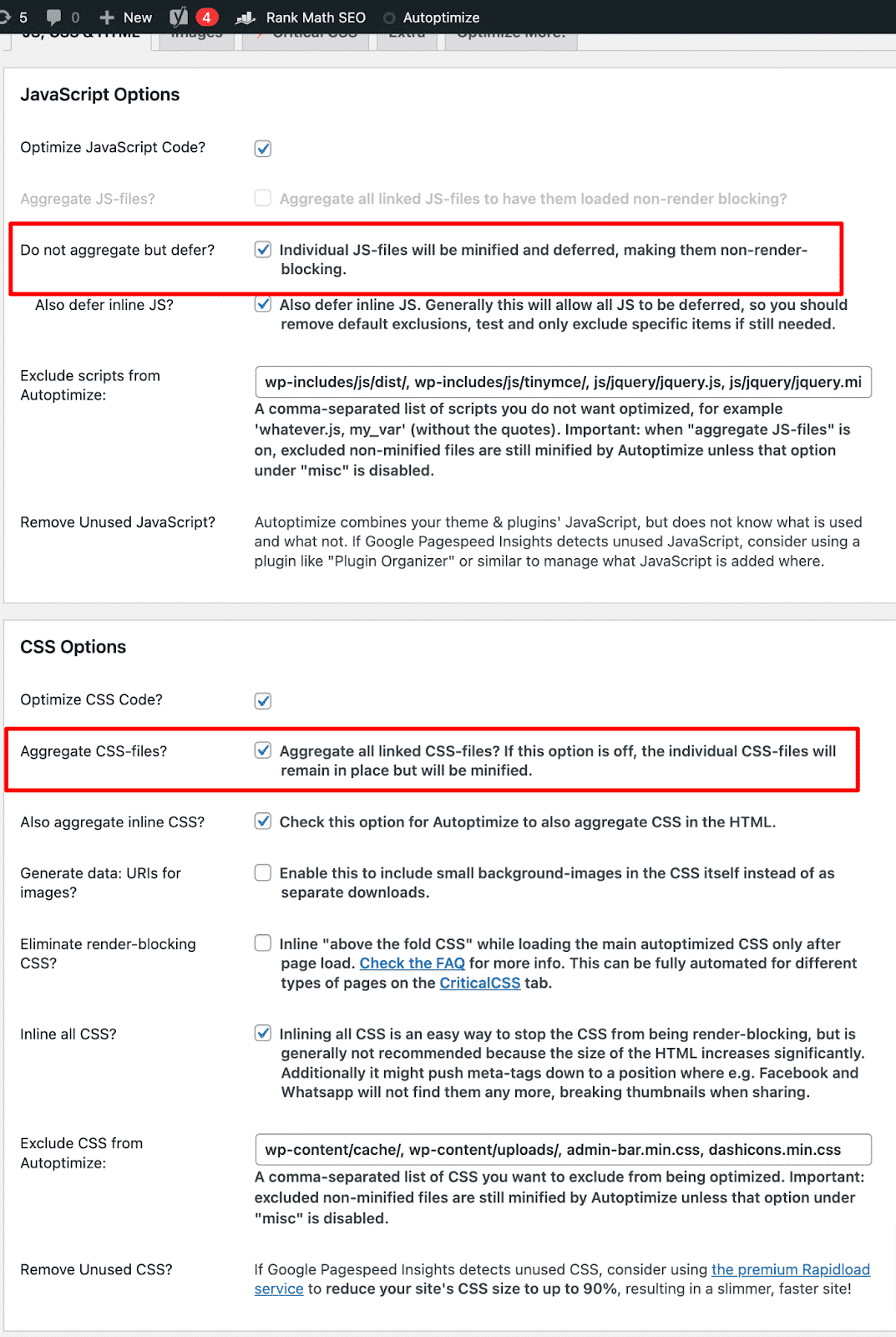 Autoptimize minification settings