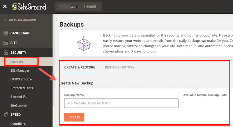 Backup using hosting cPanel - Source: SiteGround
