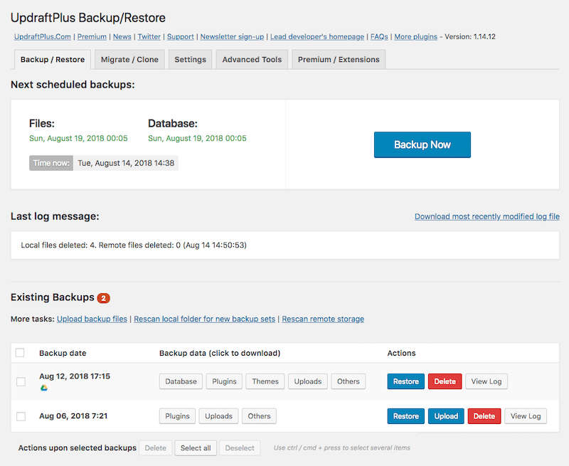 Backup using UpdraftPlus - Source: UpdraftPlus
