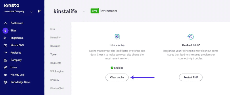 Cache option integrated to Kinsta - Source: Kinsta
