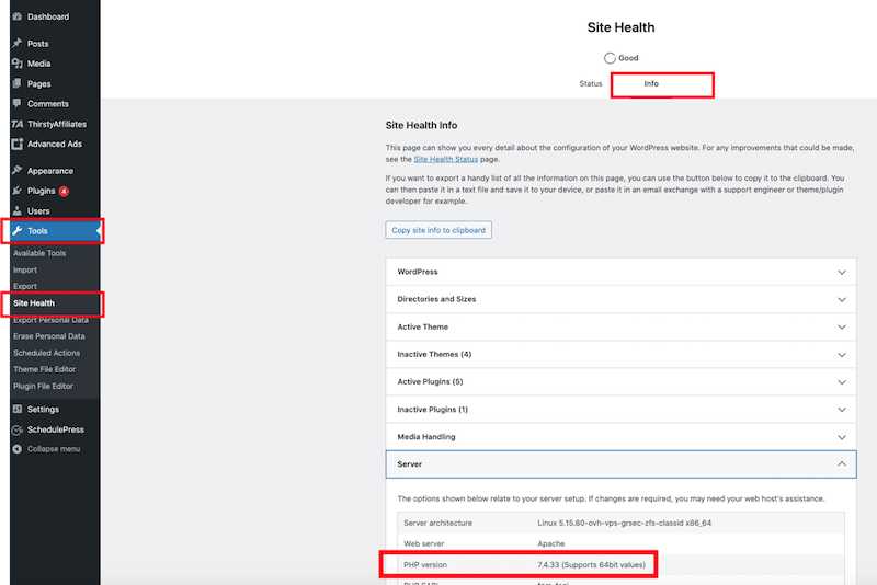 Checking which PHP version is installed - Source: WordPress admin
