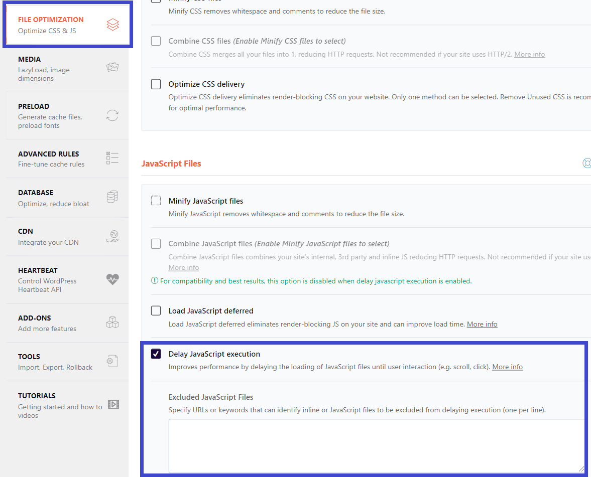 File optimization tab - Delay JavaScript execution