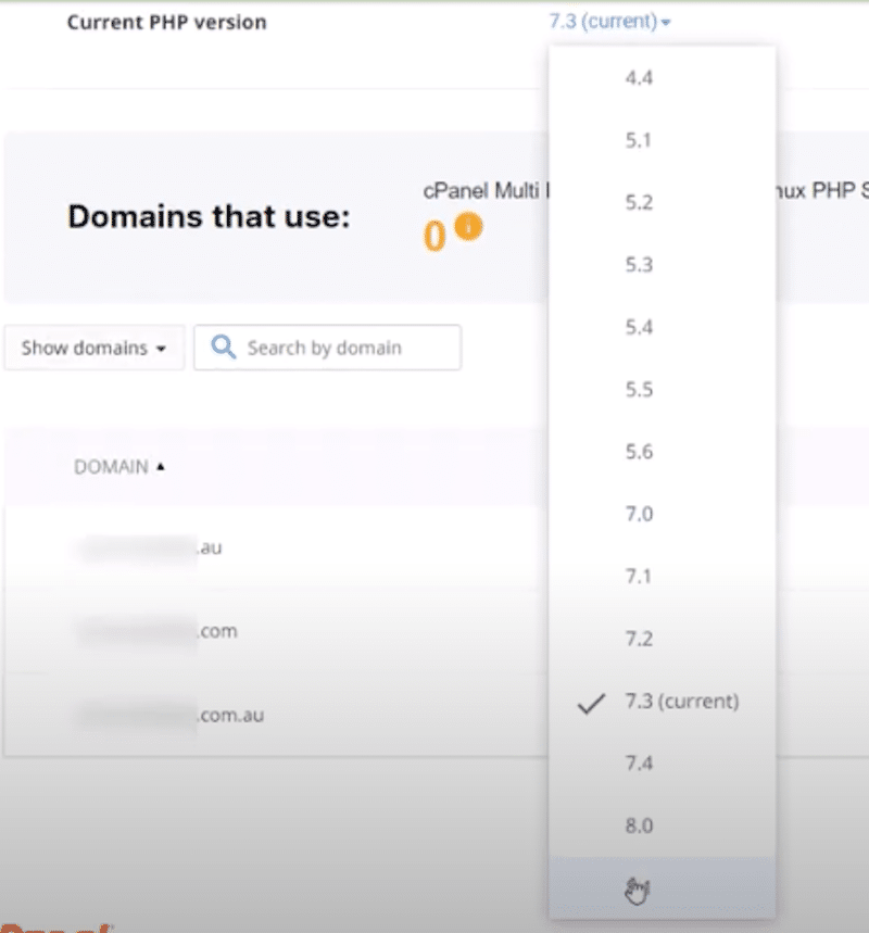 The dropdown menu to upgrade PHP - Source: cPanel
