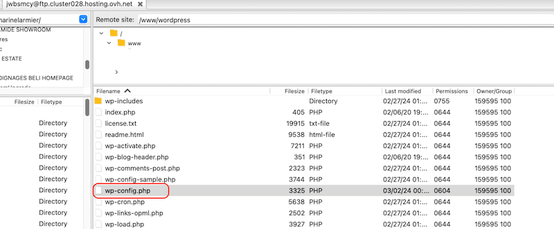 Editing the wp-config.php  file - Source: FTP
