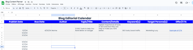 Example of a blog editorial calendar - Source: WP Rocket
