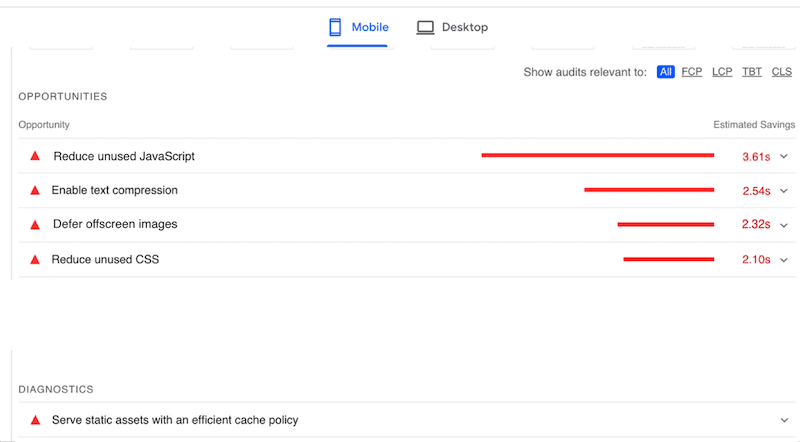 Flagged issues for Oxygen - Source: PageSpeed Insights
