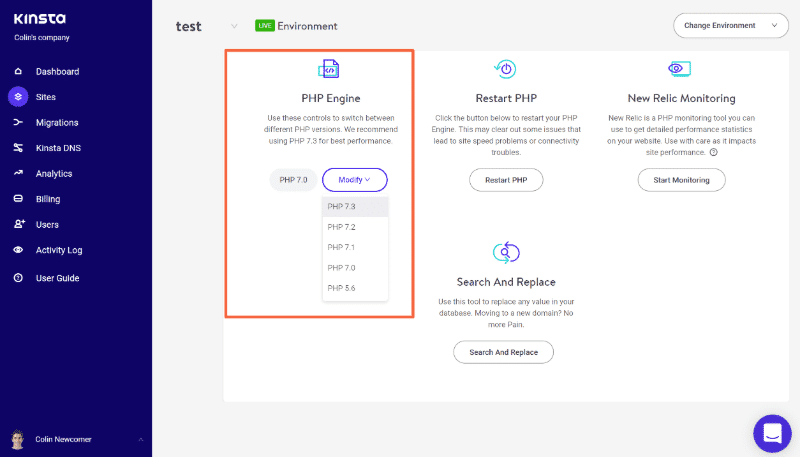 how to fix a slow wordpress admin upgrade php - kinsta dashboard