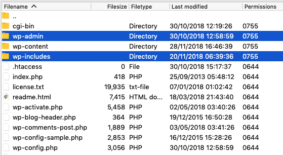 replacing wordpress core files ftp