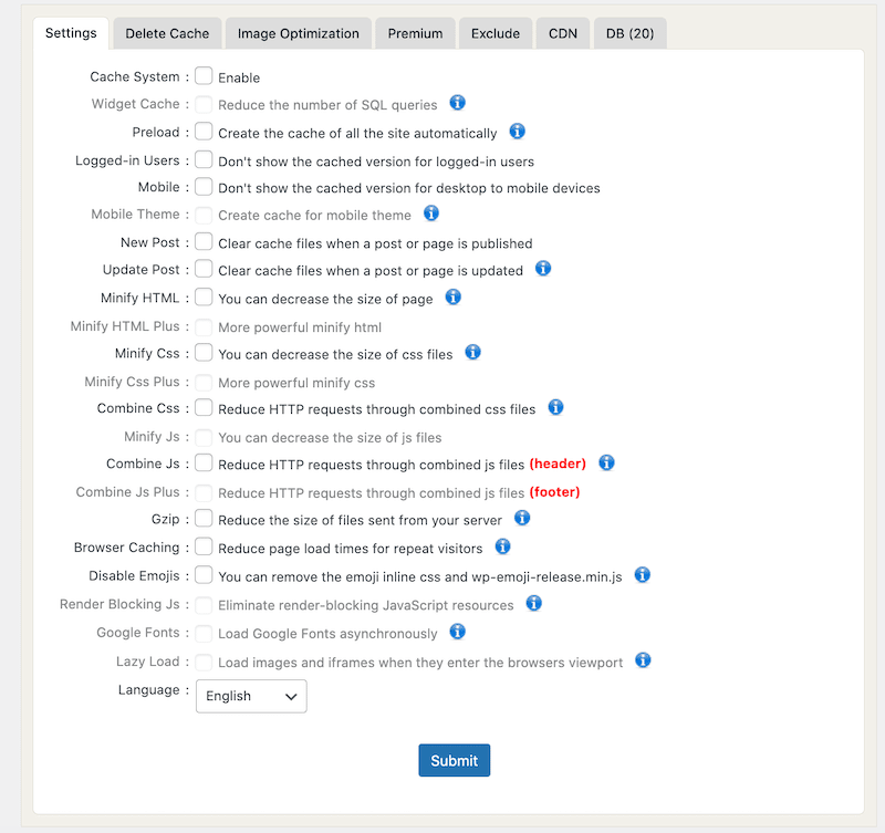 Interface and main features (premium features in gray) - Source: WP Fastest Cache