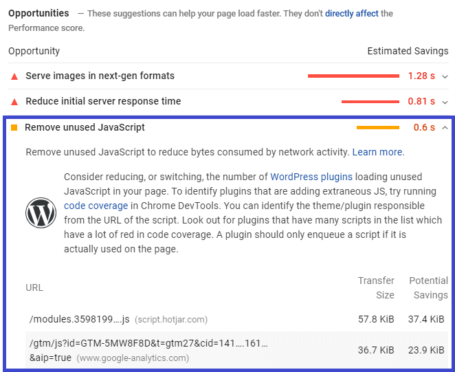 List of unused Javascript files- PageSpeed Insights Report