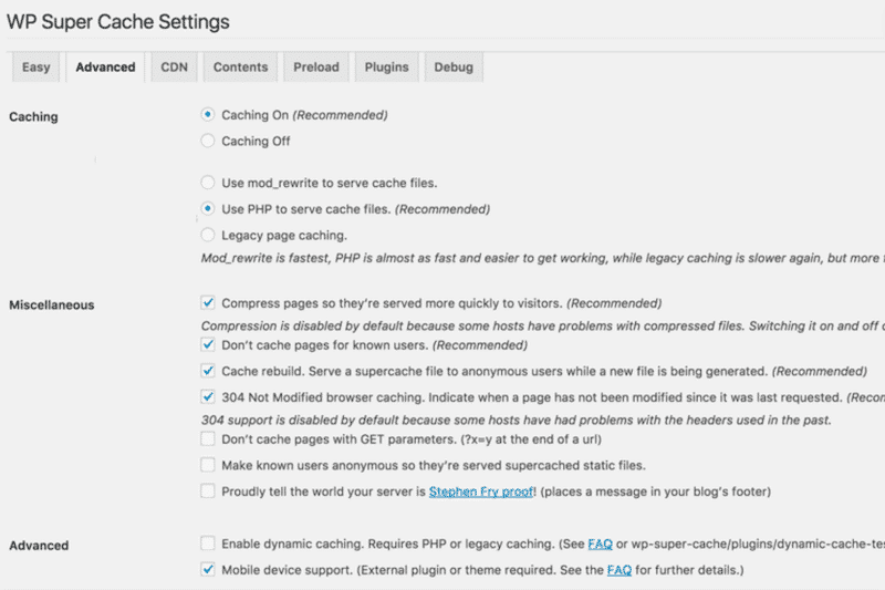 Main caching features - Source: WP Super Cache