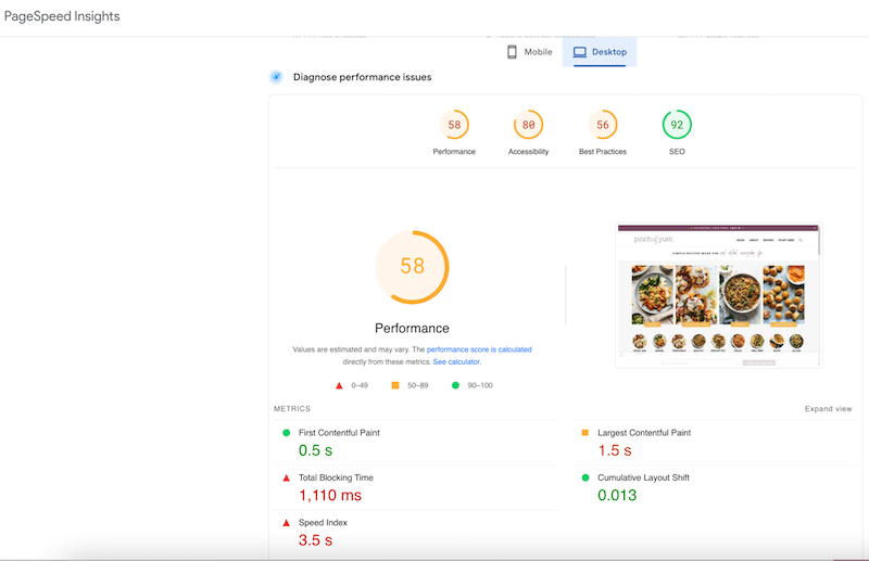 Measuring blog performance - Source: Google PageSpeed Insights
