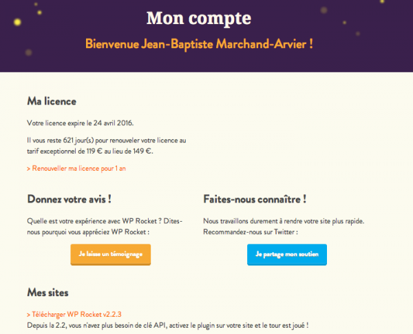 Page mon compte WP Rocket