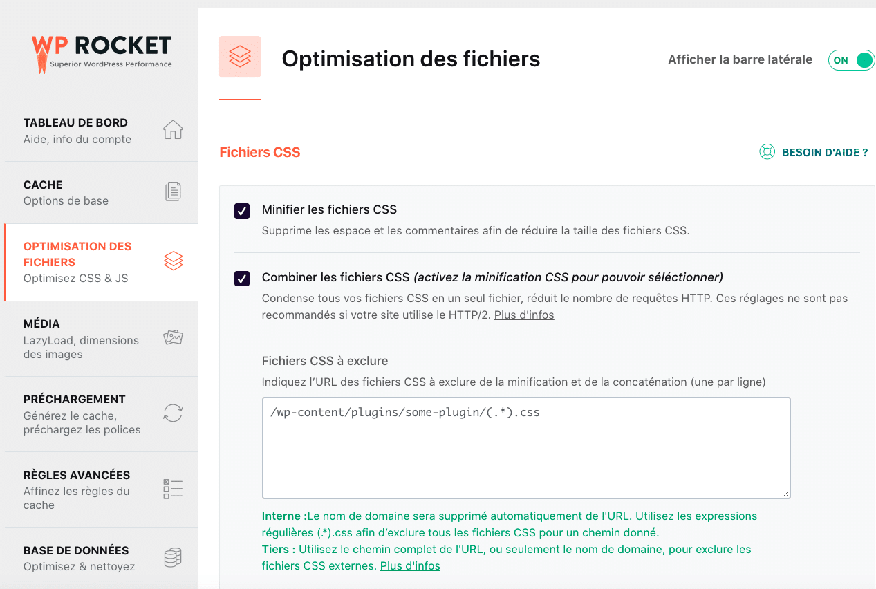 Optimisation des fichiers CSS - Tableau de bord WP Rocket
