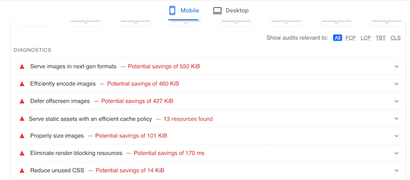 Performance issues from one of the slider’s audits - Source: PageSpeed Insights
