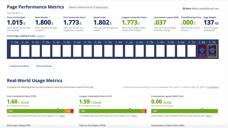 Performance report (extract) - Source: WebPageTest 
