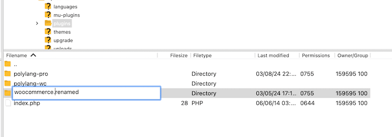 Plugin renamed with the .renamed suffix to deactivate it  - Source: FTP
