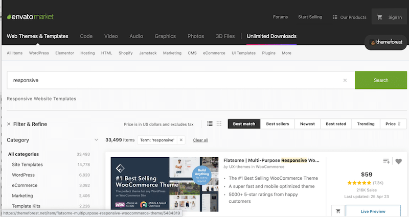 “Responsive” keyword to find a mobile-friendly theme - Source: Envato
