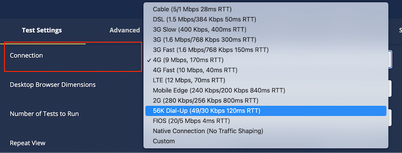 Selecting different connection types to evaluate mobile performance - Source: WebPageTest 
