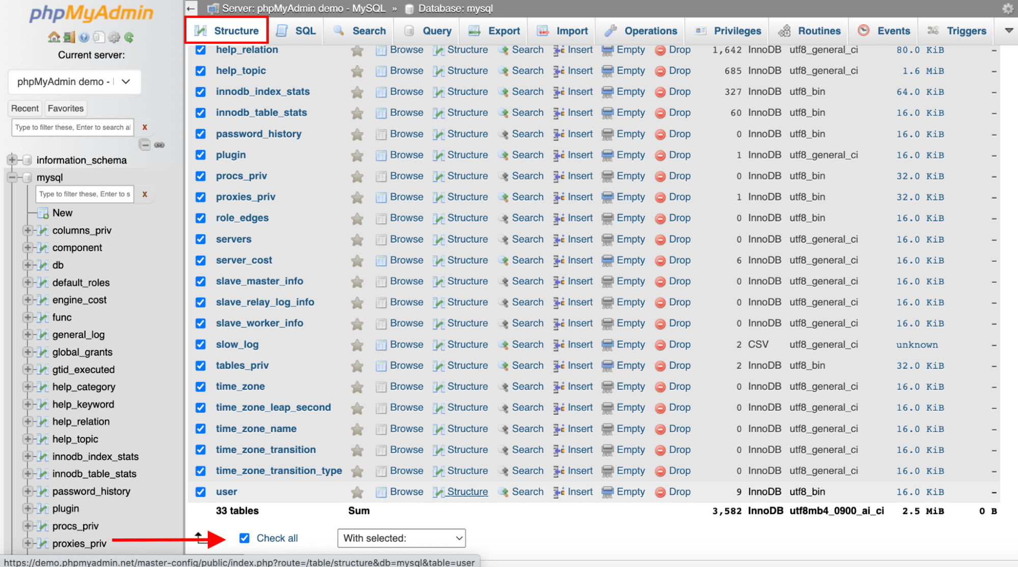 Selecting the tables that need optimization - Source: phpMyAdmin
