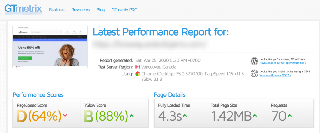 GTMetrix results without caching