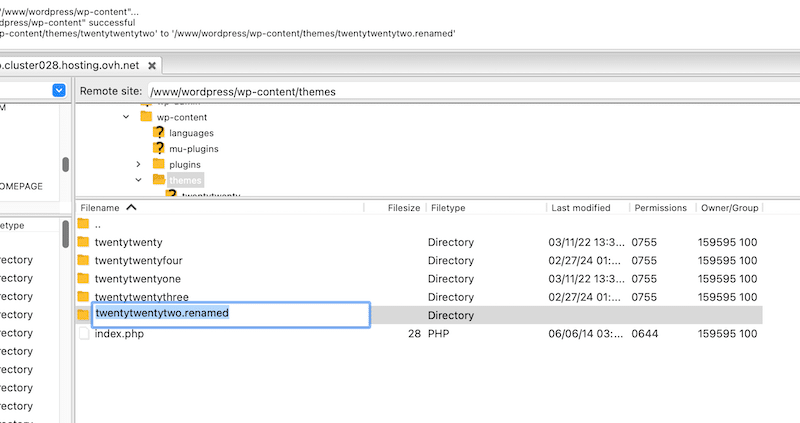 Theme renamed with the .renamed suffix to deactivate it  - Source: FTP
