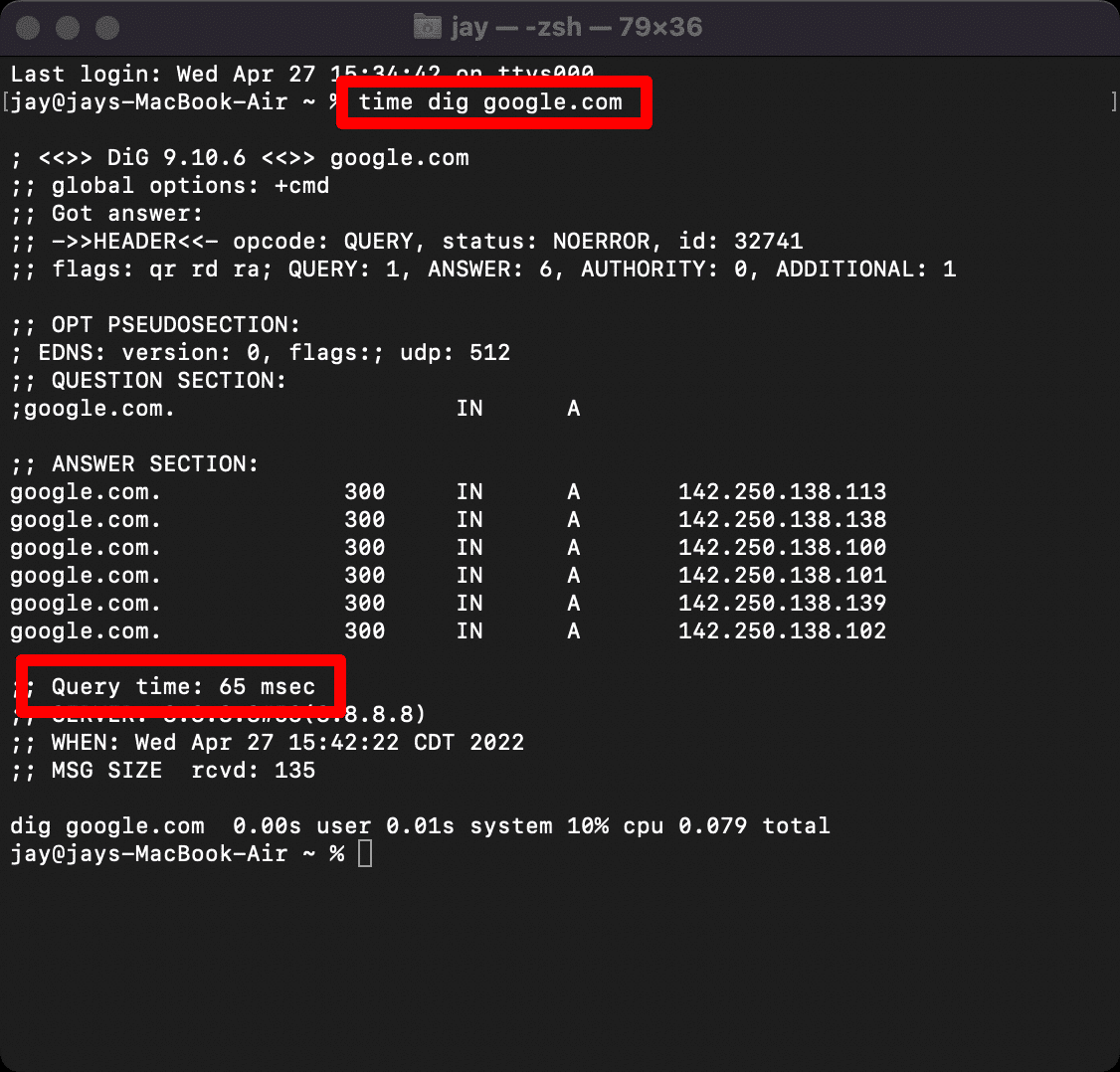 Using dig to test DNS server response time on mac