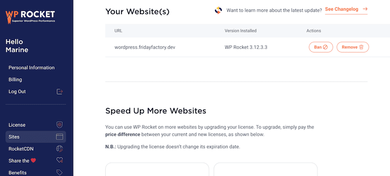 WP Rocket account > sites registration - Source: WP Rocket
